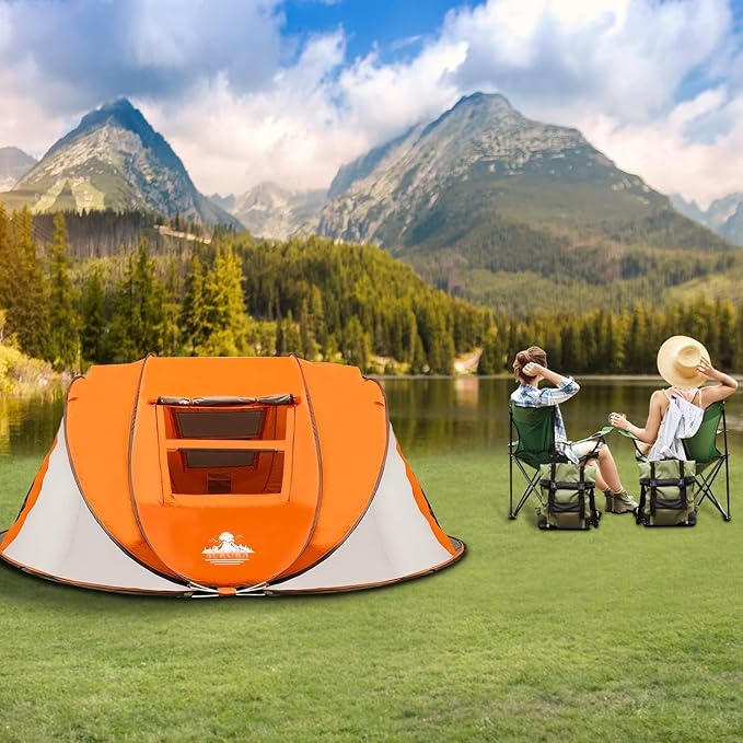 J.M.Deco 4 Person PopTent up with 2 Windows Pop Up Tents for Camping Backyard Sunny Beach Instant Tent for Family Hiking Tents for Backpacking 4 Person Easy Setup Tent Orange