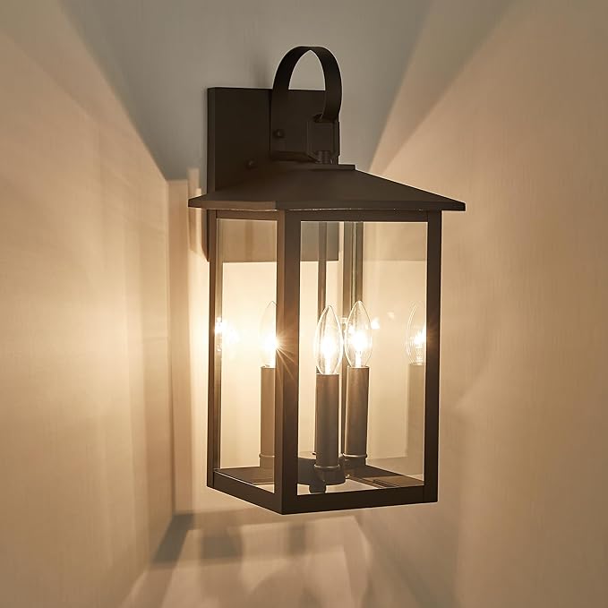 3-Light 9 inches Wide 20.5 inches High Large Wall Lantern Light with Textured Black Finish and Clear Glass New Traditional Outdoor Wall Lights for a Porch Patio Garage Barn Foyer