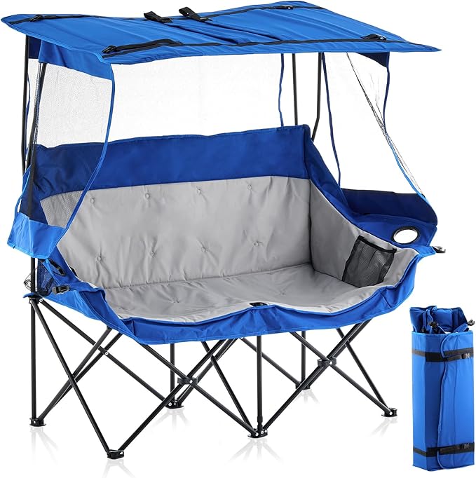 CLIPOP Double Camping Chair with Canopy Portable Outdoor Folding Chair with Cup Holders Side Pocket Oversized Beach Chair with Canopy Shade for Lawn Patio Hiking Blue