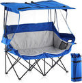 CLIPOP Double Camping Chair with Canopy Portable Outdoor Folding Chair with Cup Holders Side Pocket Oversized Beach Chair with Canopy Shade for Lawn Patio Hiking Blue