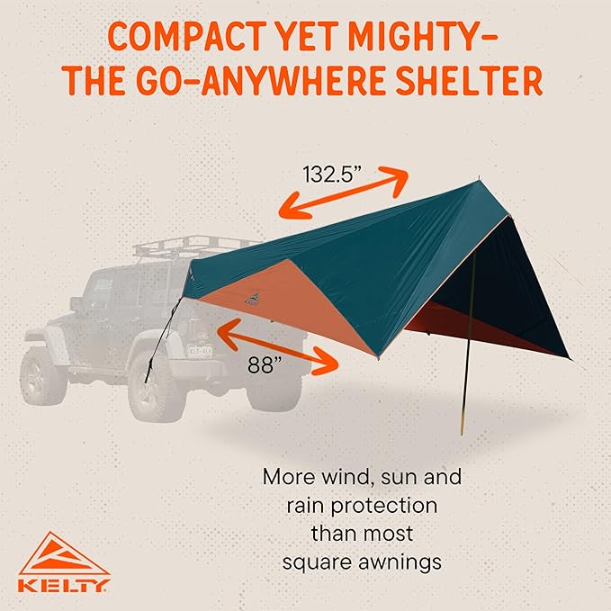 Kelty Waypoint Tarp Reflecting Pond/Gingerbread Semi-Universal Vehicle Mounting System Enhanced Protection from The Elements Single-Pole Design Shark-Mouth Carry Bag for Easy Transport &amp Mor