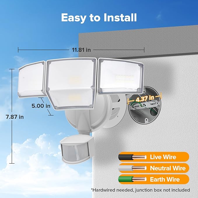 LUTEC 80W 9000LM LED Security Light Hardwire Motion Sensor Outdoor Lights 4 Head LED Flood Lights Outdoor 5000K Daylight IP65 Waterproof Motion Detected Lights for Outside Garage Yard (White)