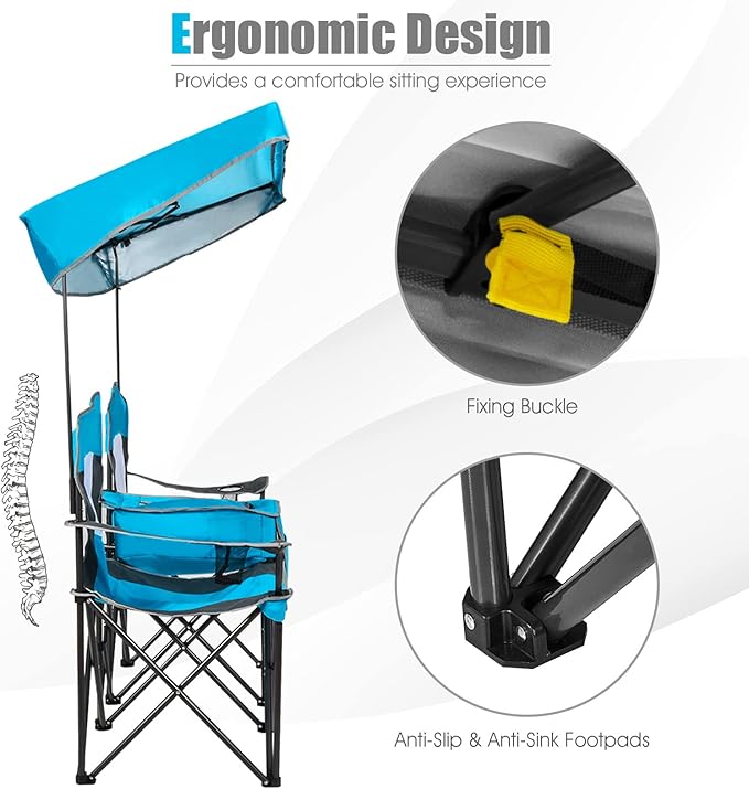 Tangkula Loveseat Camping Chair with Adjustable Shade Canopy Portable Beach Chair with Cooler Bag 2 Cup Holders Carrying Bag Foldable Double Lawn Chair for Travel Fishing Picnic (Blue)
