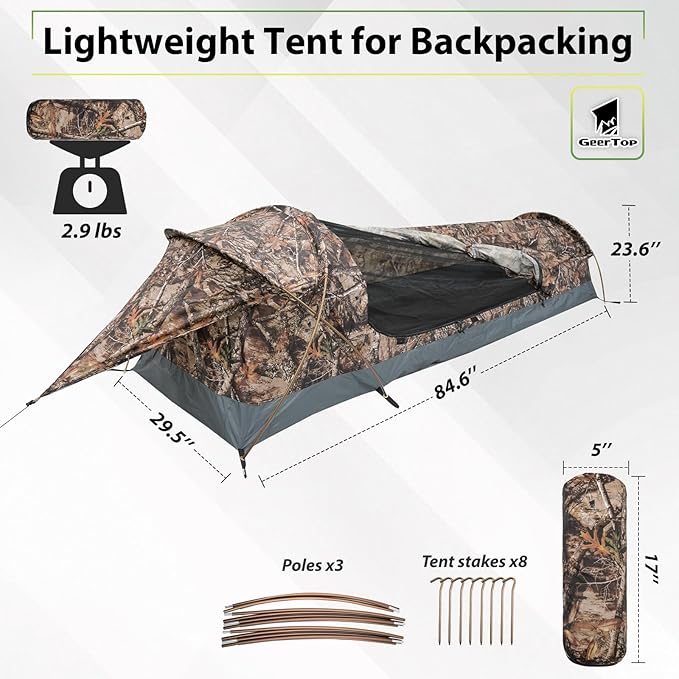 GEERTOP Ultralight Single Person Bivy Tent for Camp Waterproof 1 Man Tent for Camping Hiking Backpacking Hunting Outdoor Survival Gear - Easy Set Up