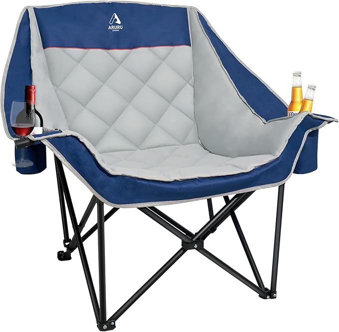 Oversized XL Camping Chair for Adults Heavy Duty | 450LBS Support Padded Folding Lawn Chairs with Side Pocket Cup Holder Cooling Bag for Outdoor Sports Garden Beach Fishing