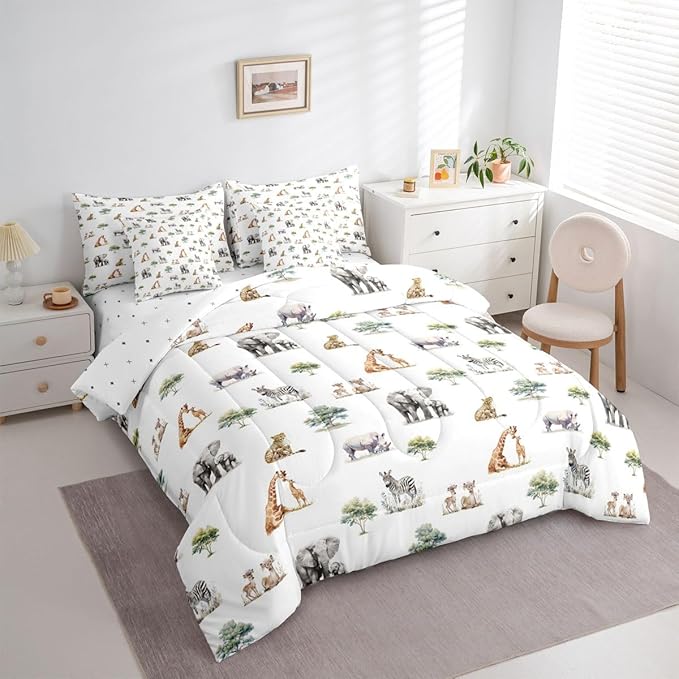 Cute Giraffe Zebra Elephant Comforter Set with SheetsPillowcases &amp Cushion Cover Zoo Animal 7 Piece Bedding Set for Boys Girls Room Decor Cartoon Animal Bed in a Bag King Size Wildlife Microfiber