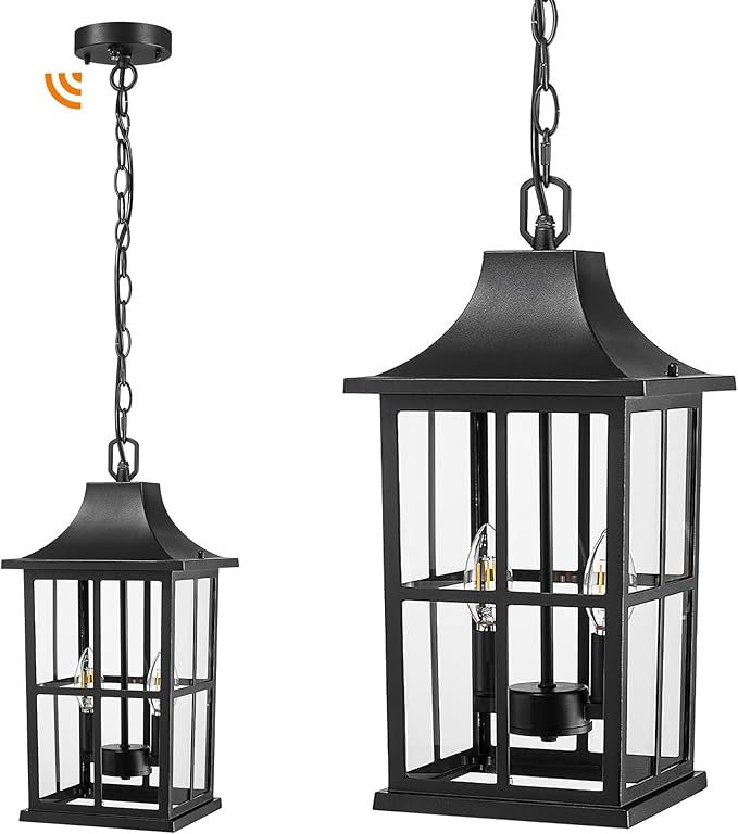 Emliviar Dusk to Dawn 2-Light Large Porch Light Outside Chandelier for Yard 15.4 Black Hanging Lantern Light Fixture with E12 Base Clear Glass YXE306H-M-PC BK