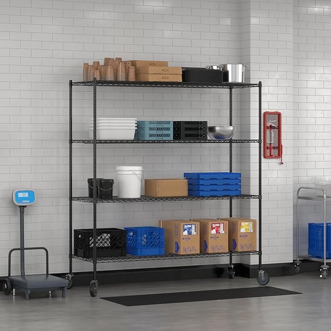 Commercial NSF Listed Black Epoxy Mobile Wire Shelving Kit 24 x 72 x 80 with 4 Shelves Perfect for Warehouse Walk-in Refrigerator Freezer Grocery Store Restaurant Dishroom