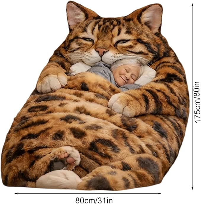 Plush Cat Print Envelope Sleeping Bag | 175x80cm Indoor Wearable Cat Sleeping Bags for Adult | Cute Animal Shaped Blanket| Winter Plush Sleep Sack