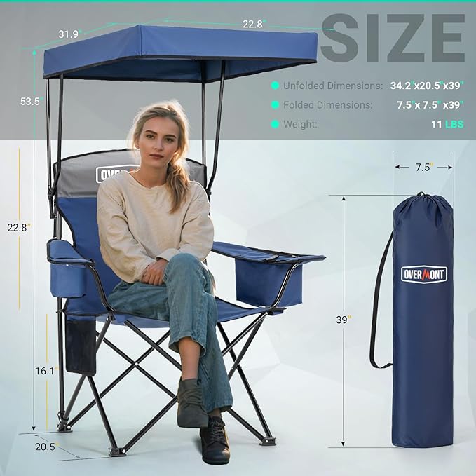 Overmont Camping Chair with Canopy Shade &amp Cooler Bag - Oversized Folding Beach Chair with High Back Support Big Cup Holder - Portable Lawn Chair for Outdoor Travel Sports Fishing - Support 330lbs