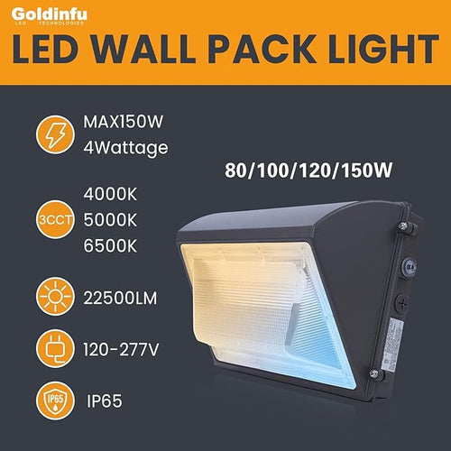 150W LED Wall Pack Light with Photocell 2Pack 4000/5000/6500K 3CCT 80/100/120/150W Selectable Commercial Security Lighting Outdoor LED Wall Lights for Parking Lot Warehouse Barn 100-277V ETL Listed
