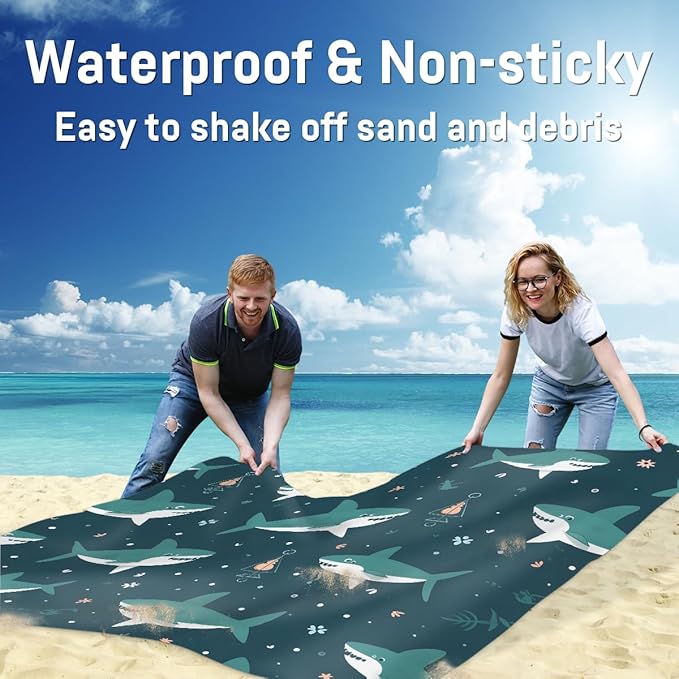 Waterproof Sandproof Beach Blanket 59''×68'' Sharks Polyester Outdoor Picnic Blanket with 4 Stakes &amp Storage Bag for BeachCampingVacation Oceans
