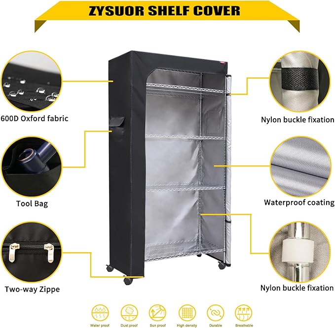 Shelving Cover Wire Shelf Covers Storage Rack Dust CoverThe Two-Way Zipper Design can be Opened up Down or All for Easy Access 42 WX18 DX72 H(No ShelvesBlack)