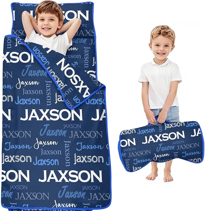 Personalized Name Toddler Nap Mat for Daycare Preschool Kindergarten Customized Kids Sleeping Bag with Pillow and Blanket for Girls Boys Custom Name Monogrammed Nap Mats for Toddlers