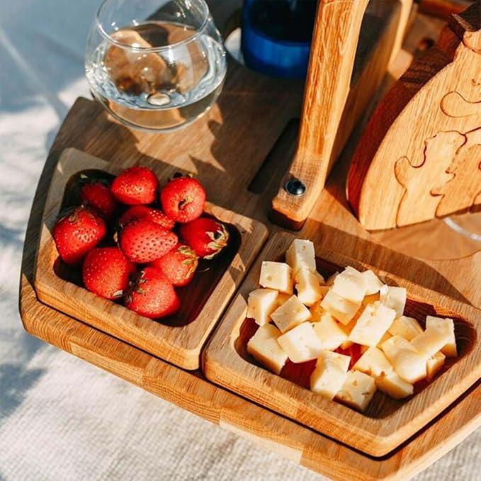 Portable Wine Table Outdoor Wooden Folding Table with Snack Tray 2 Wine Glasses Holder Beach Indoor Snack Bed Table Picnic Tray Tables for Beach Camping RV Outdoor Concerts