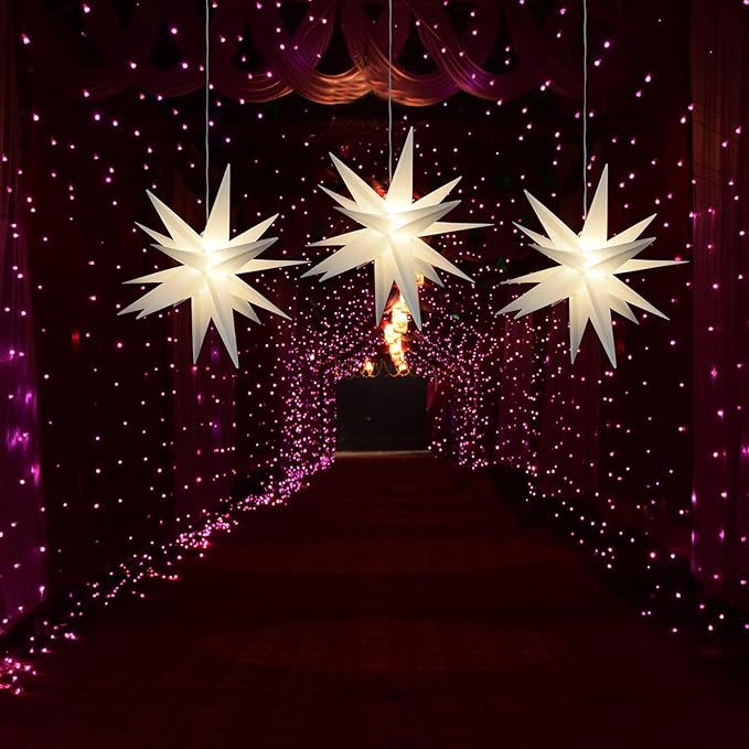 Leejec 13.3 Moravian Star Outdoor Light with Remote Control Christmas Decorations Indoor Hanging Warm White LED Light Battery Operated with Timer Function 3-Pack Tree Ceiling Balcony Decor