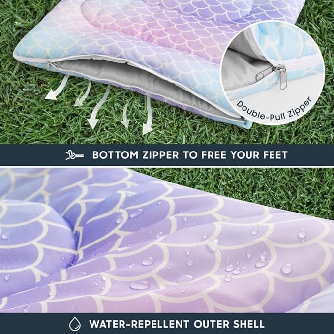Wake In Cloud - Kids Sleeping Bag for Girls Toddlers Camping in Warm Cold Weather Backpacking Lightweight Compact Outdoor Liner for 3 Seasons Summer Spring Fall Mermaid Purple Blue