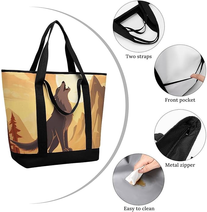 Insulated Shopping BagLarge Reusable Cooler Bags Wolf Printed Foldable Shopping BagTravel Waterproof Shoulder Bag
