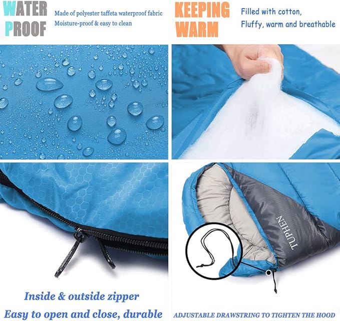tuphen- Sleeping Bags for Adults Kids Boys Girls Backpacking Hiking Camping Microfiber Liner Cold Warm Weather 4 Seasons Indoor Outdoor Use Lightweight &amp Waterproof