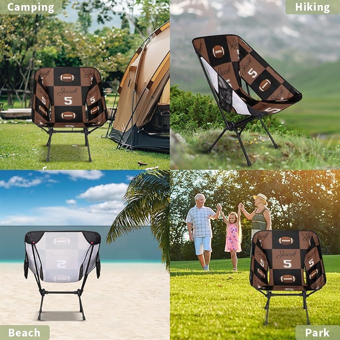 Custom Camping Chair Personalized Portable Backpacking Chair with Name Lightweight Folding Chair for Beach Hiking Football Theme