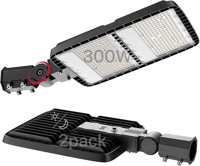 LED Parking Lot Light 300W 2Pack Commercial Outdoor Area Lighting with Dusk to Dawn Photocell Super Bright LED Shoebox Light 5000K 36000LM Slipfitter Mount for Parking Lot|Warehouse|Roadways 2 Pack