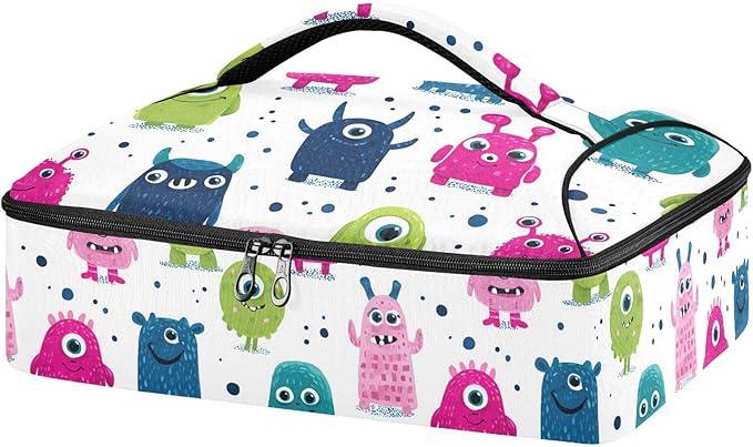 Casserole Carrier Colorful Cute MonstersInsulated Casserole Carrier for Hot or Cold Food Thermal Lunch Tote for Potluck Parties Picnic Beach Fits 9 x 13 Inches Baking Dish