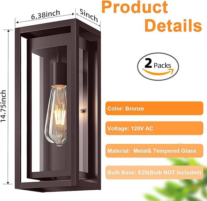 15 Large Oil Rubbed Bronze Outdoor Light Fixture 2 Pack ORB Outdoor Sconces Modern Waterproof Wall Lights with Clear Glass Shade for Front Door Porch Garage