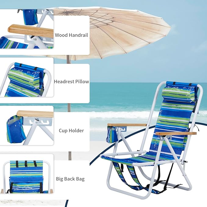 Folding Beach Chair Adjustable Headrest w/Tilt Angle Cup Holder Portable High Strength Cleanable Fabric for Sand Camping Lawn Concert Travel Festival (Blue Stripe 1)