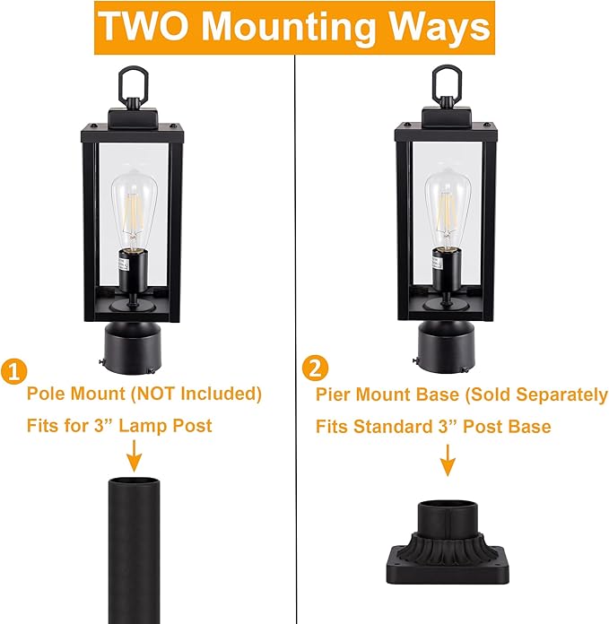 GRUENLICH Outdoor Post Lighting Fixture Pole Lantern E26 Medium Base Max 60W Metal Housing Plus Glass Matte Black Finish Bulb Not Included 1 Pack