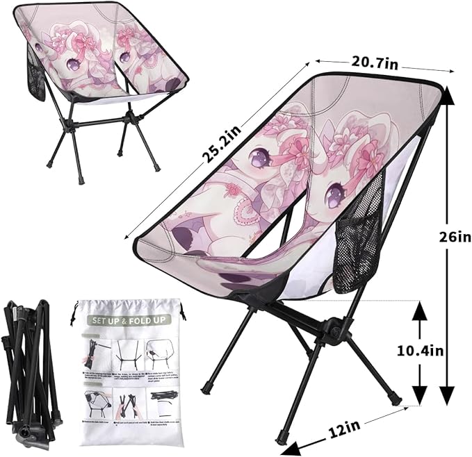 Portable Camping Chair Cartoon Unicorn Ultralight Folding Camping Chair Pink Flowers Backpacking Hiking Chair with Cup Holder for Outdoor Travel Beach Picnic Festival 176 lbs Capacity