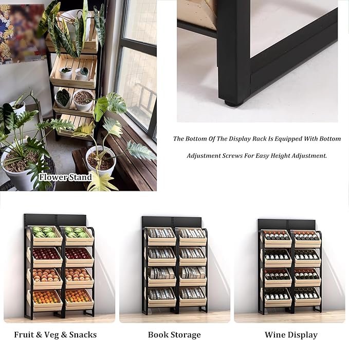 Commercial Supermarket Fruit &amp Vegetable Shelf 3/4 Tier Produce StorageLarge Capacity Retail Snack Rack Display With Wood Baskets Kitchen Onion Potato Produce(White rack+wooden box4 tier)