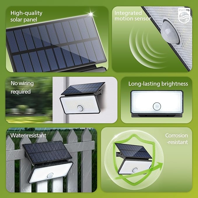 Philips Solar Motion Sensor Light Outdoor 3 Modes 1000LM 7000K Daylight Waterproof Solar Powered Flood Light for Garden Yard Garage