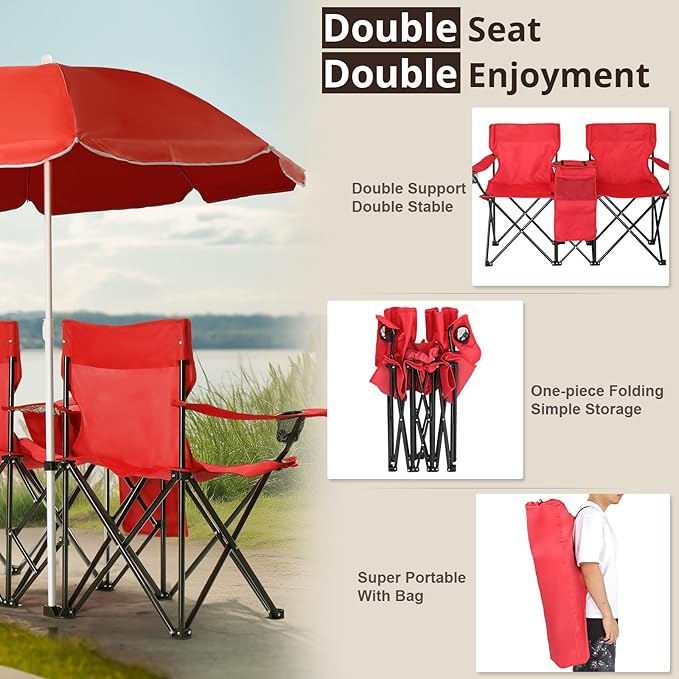Outvita Folding Double Camping Chair w/Umbrella Beverage Holder Carrying Bag Cooler Fold Up Table Large Bearing Capacity for Beach Patio Pool Park Outdoor Red
