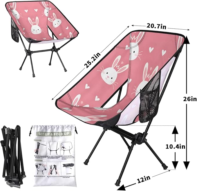 Folding Camping Chair Rabbits Love Heart Camping Chairs Lightweight Portable Chair Outdoor Foldable Chairs for Camping Travel Picnic Beach Hiking