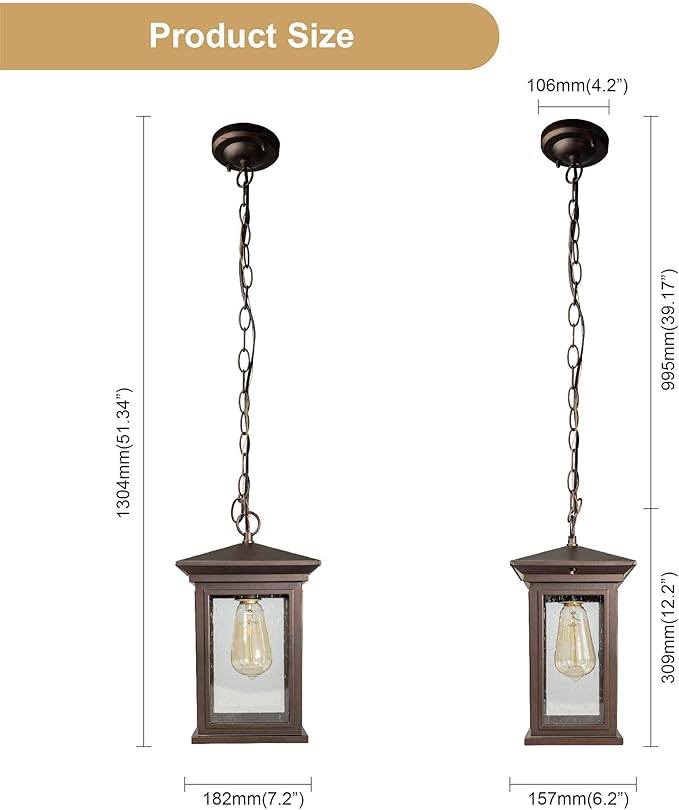 Outdoor Hanging Lantern Waterproof Pendant Light with Clear Seeded Glass Oil Rubbed Bronze Finish E26 Socket Classic Porch Ceiling Light for Patio Corridor Entryway