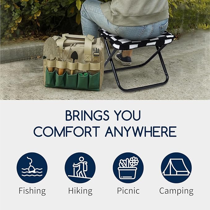 Collapsible Stool Camping Folding Stools: 1.1lbs Lightweight Portable Foot Stool Load 300lbs - 10.5 Inch Camping Chair Fishing Hiking Gardening Beach BBQ with Carry Bag Easy Transport (Black &amp Whi