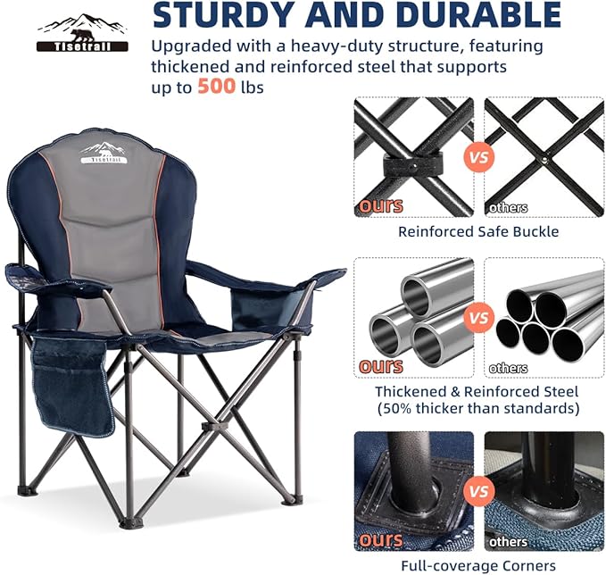 Oversized Camping Chairs with Cooler Bag &amp Cup Holder - Set of 2 Heavy-Duty 500lbs Folding Chairs (Steel Frame Padded Seat Blue &amp Gray)