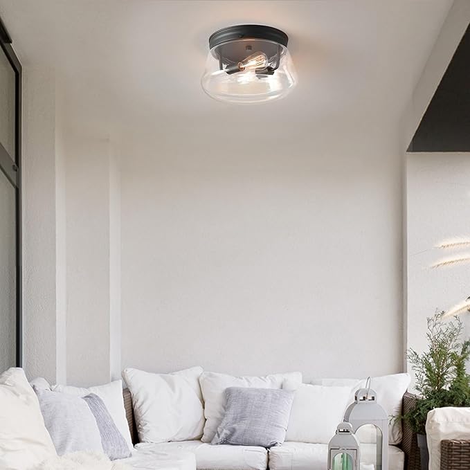 GLOBE Electric 44777 Aleyna 2-Light Outdoor Flush Mount Ceiling Light Matte Black Clear Glass Shade Bulb Not Included