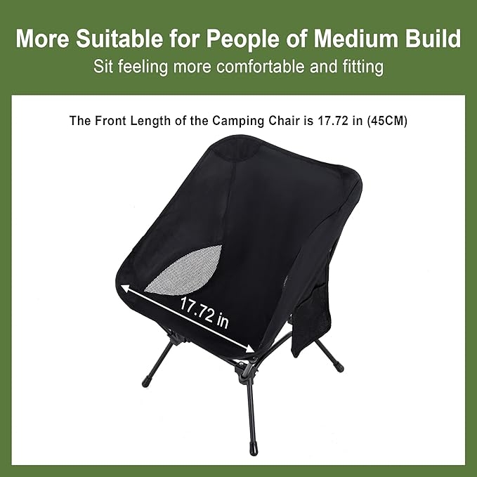 Camping Chair Portable Lightweight Camping Chairs for Adults Foldable 600D Oxford Ultralight Backpacking Chair with Breathable Mesh and Pocket for Outdoor Travel Hiking Black