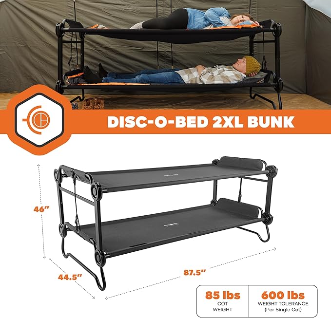 Disc-O-Bed 2XL Outdoor Convertible 2 Person Bench and Double Camping Cot Portable Bed Bunk System for Adults Black