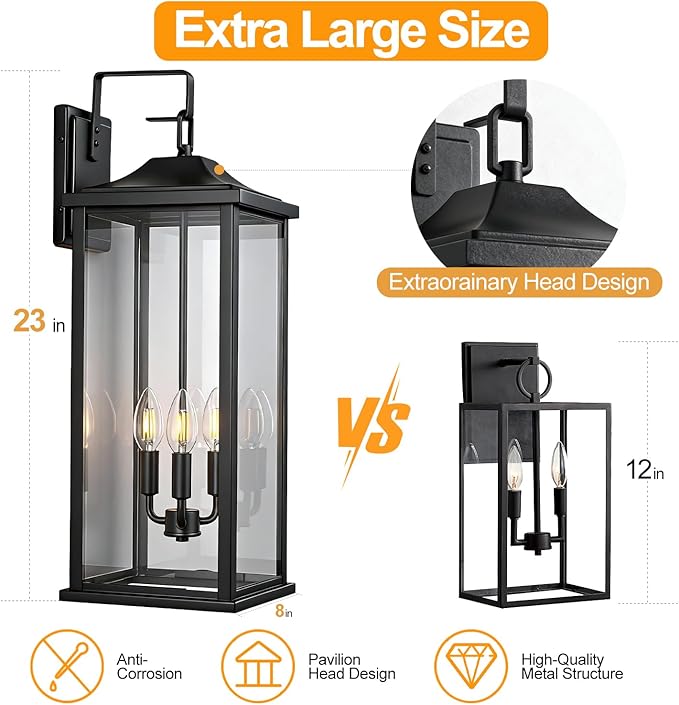 24 2Pack Outdoor Wall Light Fixture 3-Light Candelabra Exterior Wall Sconce E12 Base Clear Glass Modern Matte Black Porch Light IP65 Waterproof Wall Mounted for Front Door Garage &amp House