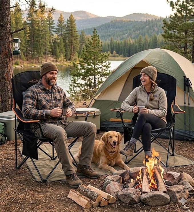 FAIR WIND 2 Pack Oversized Fully Padded Camping Chair Heavy Duty Quad Fold Arm Chair Support 350 LBS with Cup Holder Collapsible Lumbar Back Chair Portable for Outdoor Black