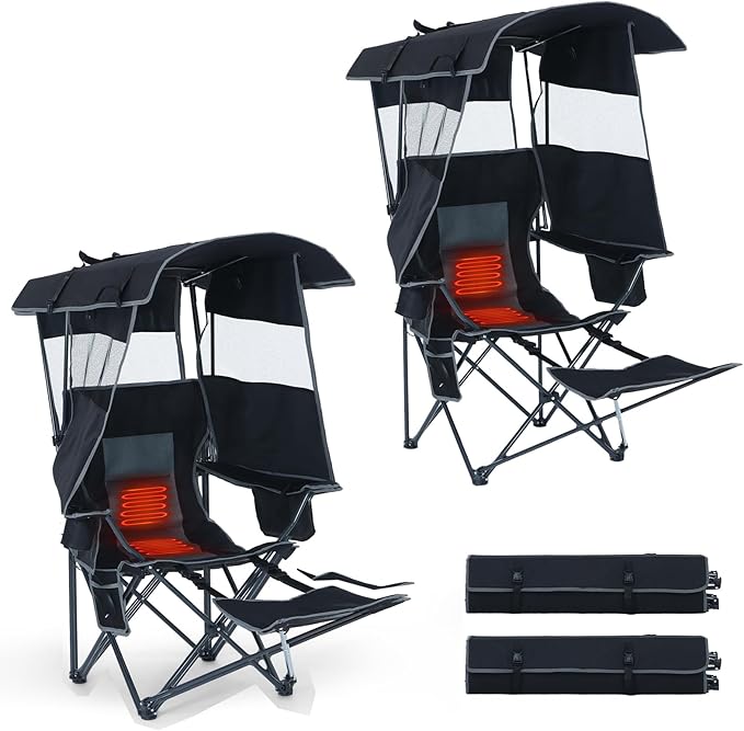 CDEN Heated Canopy Chair with Battery Heated Camping Chair with Footrest Umbrella Chairs Foldable With Detachable Footrest Cooler Bag Cup Holder Side Pocket Power Bank Included (2 Pack Black)