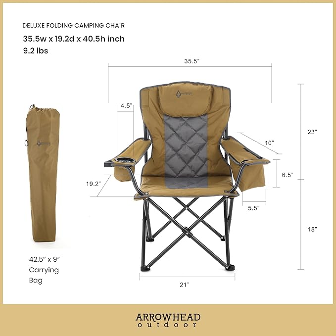 ARROWHEAD OUTDOOR Deluxe Folding Camp Chair – 550lb Capacity Heavy-Duty Quad Chair with Integrated Cooler Headrest and Dual Cup Holders.