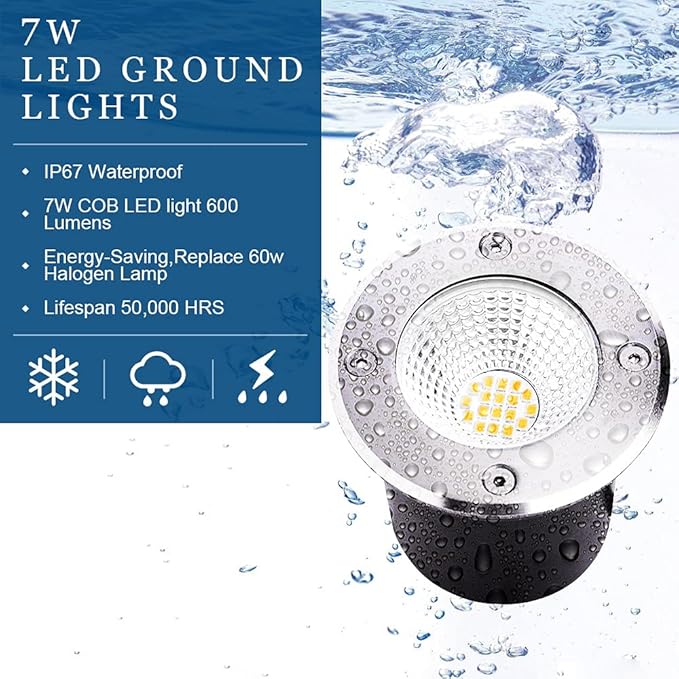 7W Led Landscape Well Lights Low Voltage Landscape Ground Lights12V/24V Landscape LightingIP67 Waterproof Outdoor InGround Lights for Garden Tree UplightsDeckYardPatio 6Pack(Warm White)