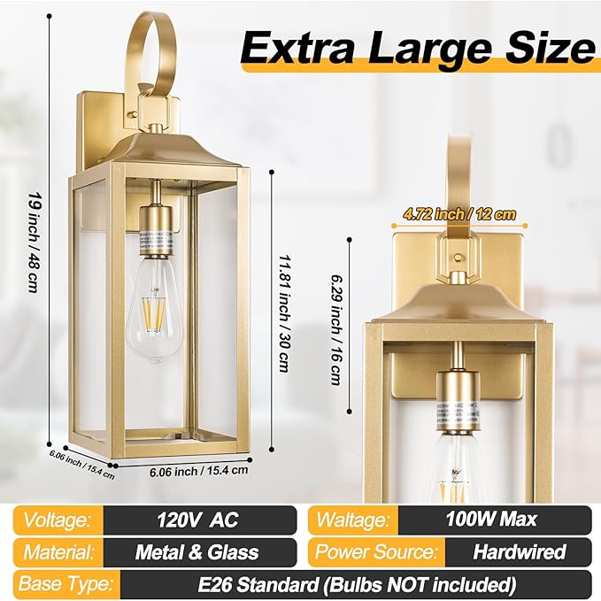 Large Outdoor Wall Lantern 19 Gold Outside Farmhouse Wall Sconce Light Fixture Industrial Wall Mount Light with Glass Waterproof Modern Porch Lighting Exterior Lamp for House Garage