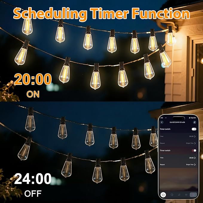 Smart Outdoor String Lights 200FT ST38 LED Patio Lights with Timer Remote APP Control 84 Shatterproof LED Bulbs (4 Spare) Dimmable Waterproof Hanging Light for Backyard Porch Party Decor