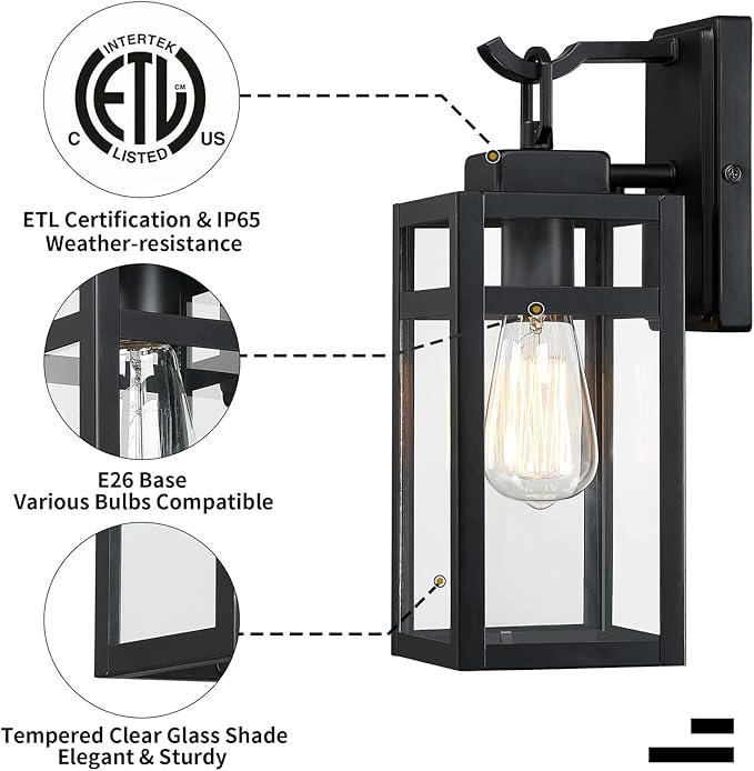 Pia Ricco Outdoor Wall Light 14 Inch Black Outdoor Light Fixture Exterior Waterproof Lighting Fixtures Sconce with Glass Shade Porch Lights Wall Lantern for House Garage ETL Listed