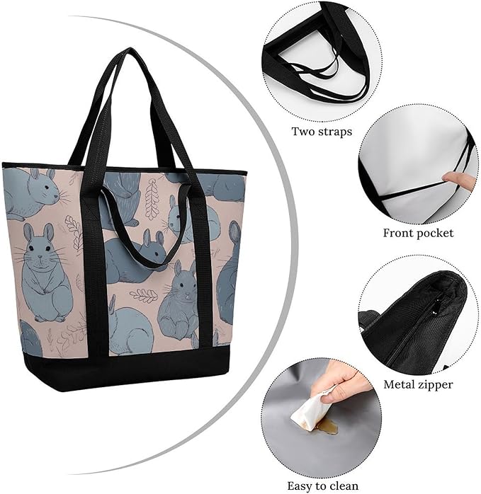 Insulated Shopping BagLarge Reusable Cooler Bags Blue Chinchillas Printed Foldable Shopping BagTravel Waterproof Shoulder Bag