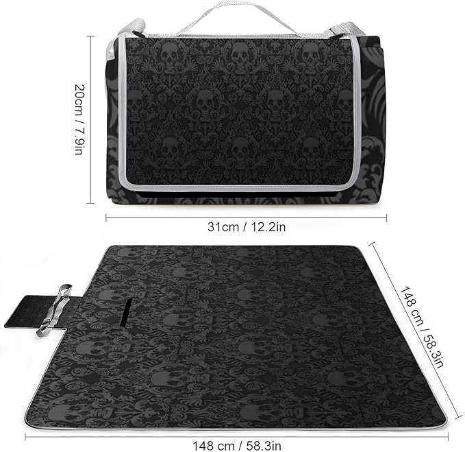 Gothic Skulls Damask Style Black White Waterproof Outdoor Picnic Blanket Sandproof Beach Mat for Camping Hiking Grass Travelling